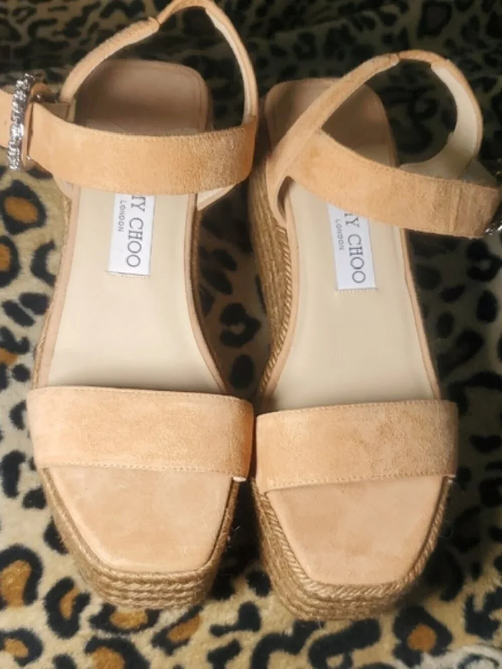 Jimmy Choo Suede Espadrille Wedge Sandals with Crystal Buckle Size 8